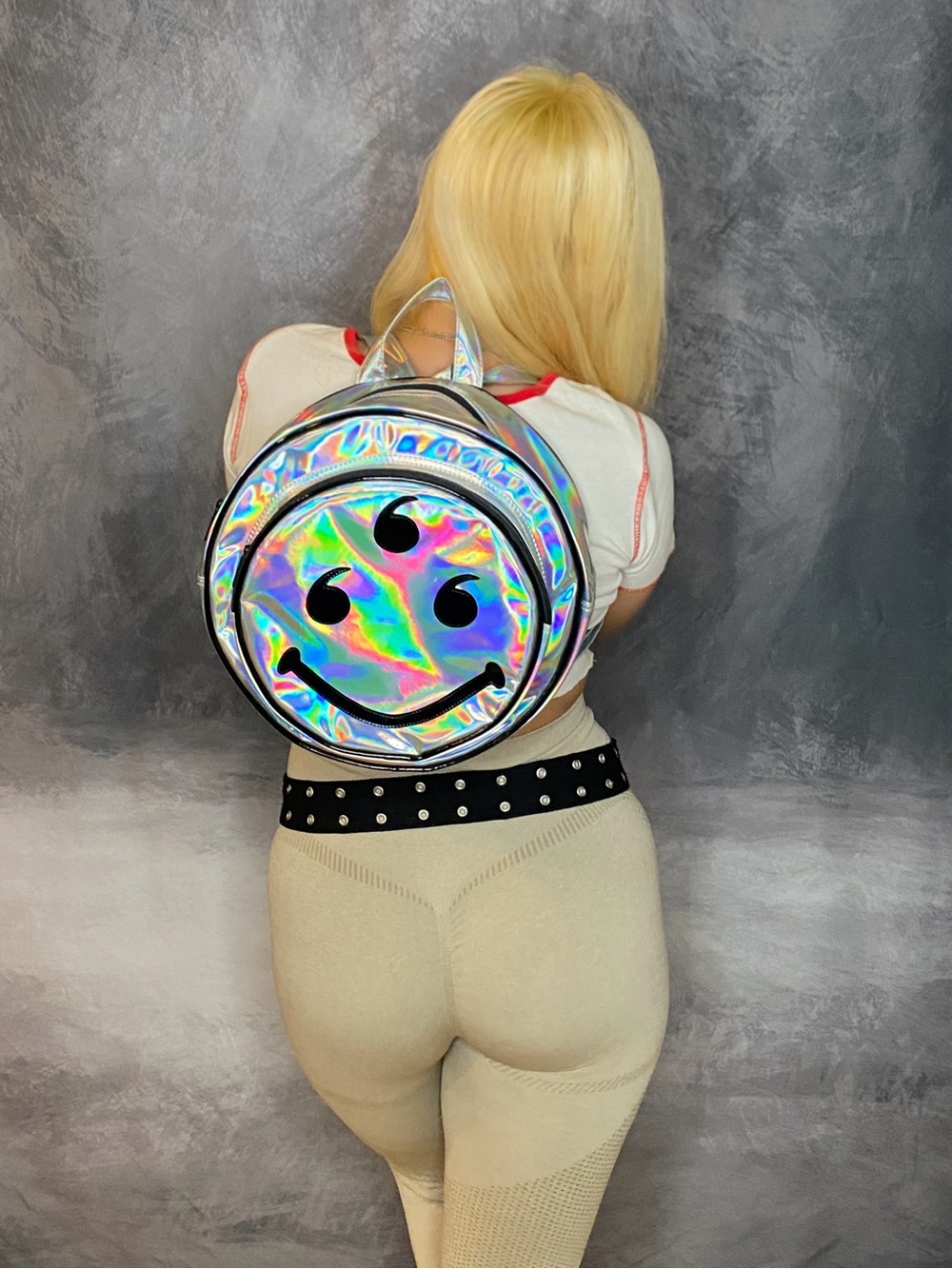 666 Holographic Smiley PVC Cyber Rave Grunge Backpack RARE - Picture 2 of 16